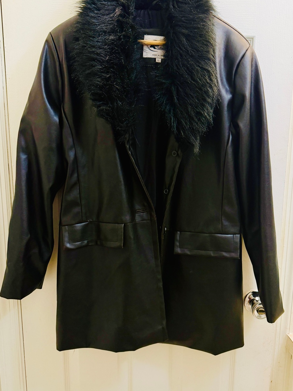 Black Faux Leather Women's Coat with Faux Fur Collar